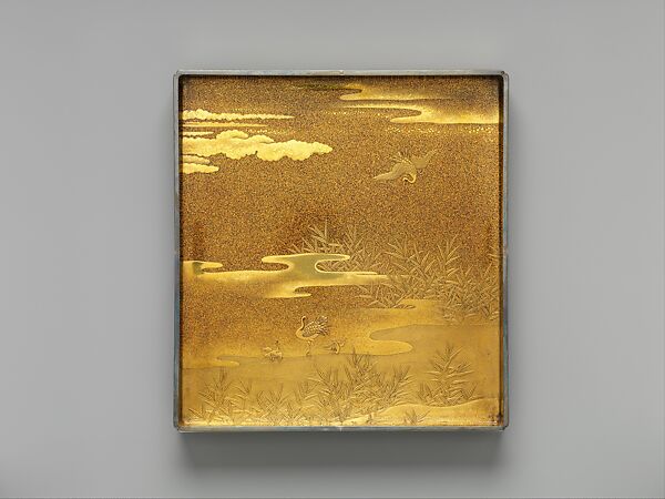 Writing Box (Suzuribako) and Writing Table (Bundai) with Pines at Takasago and Sumiyoshi, Yukio Yukio II (Japanese, 1860–1929), Lacquered wood with gold, silver takamaki-e, hiramaki-e, cut-out gold foil on nashiji ground, silver inlay, silver fittings, Japan