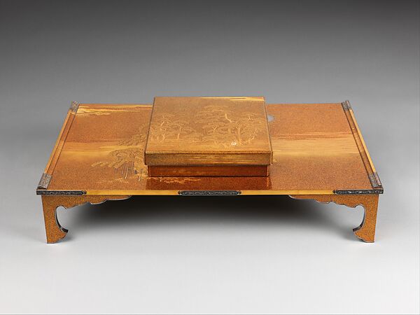 Writing Box (Suzuribako) and Writing Table (Bundai) with Pines at Takasago and Sumiyoshi, Yukio Yukio II (Japanese, 1860–1929), Lacquered wood with gold, silver takamaki-e, hiramaki-e, cut-out gold foil on nashiji ground, silver inlay, silver fittings, Japan 