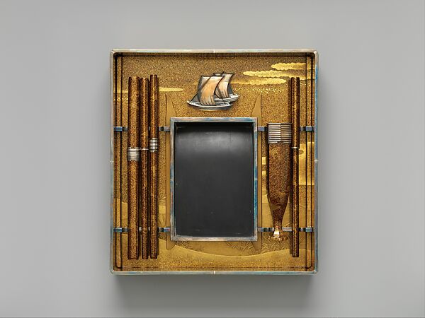 Writing Box (Suzuribako) and Writing Table (Bundai) with Pines at Takasago and Sumiyoshi, Yukio Yukio II (Japanese, 1860–1929), Lacquered wood with gold, silver takamaki-e, hiramaki-e, cut-out gold foil on nashiji ground, silver inlay, silver fittings, Japan
