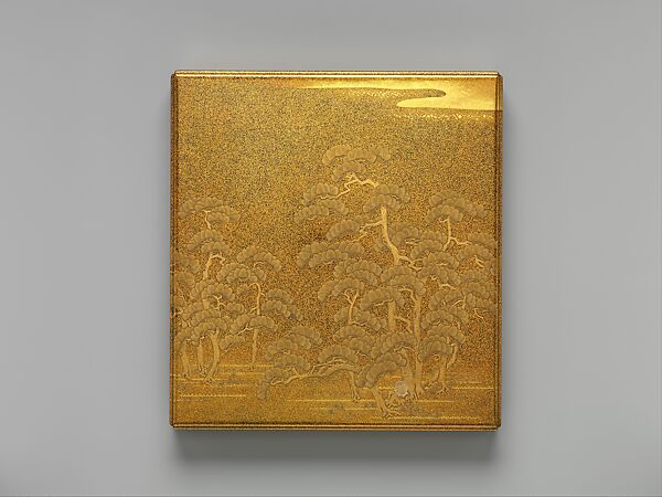 Writing Box (Suzuribako) and Writing Table (Bundai) with Pines at Takasago and Sumiyoshi, Yukio Yukio II (Japanese, 1860–1929), Lacquered wood with gold, silver takamaki-e, hiramaki-e, cut-out gold foil on nashiji ground, silver inlay, silver fittings, Japan