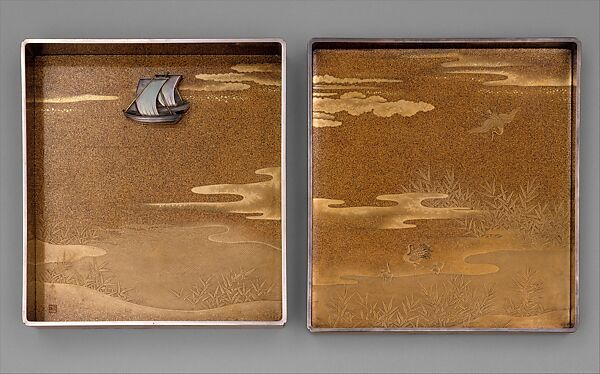 Writing Box (Suzuribako) and Writing Table (Bundai) with Pines at Takasago and Sumiyoshi, Yukio Yukio II (Japanese, 1860–1929), Lacquered wood with gold, silver takamaki-e, hiramaki-e, cut-out gold foil on nashiji ground, silver inlay, silver fittings, Japan