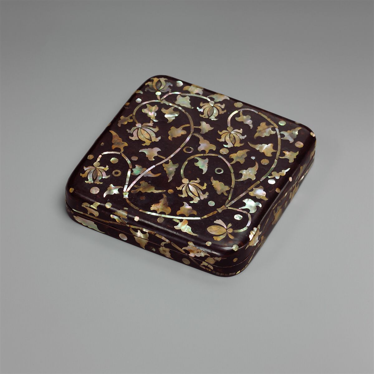 Box with decoration of peony scrolls, Lacquer inlaid with mother-of-pearl, Korea 