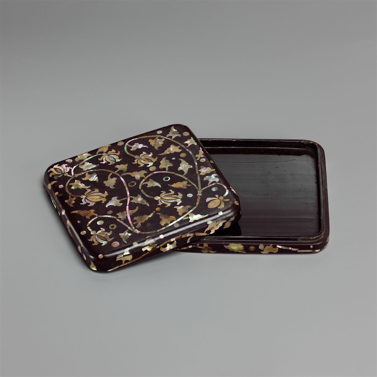 Box with decoration of peony scrolls, Lacquer inlaid with mother-of-pearl, Korea