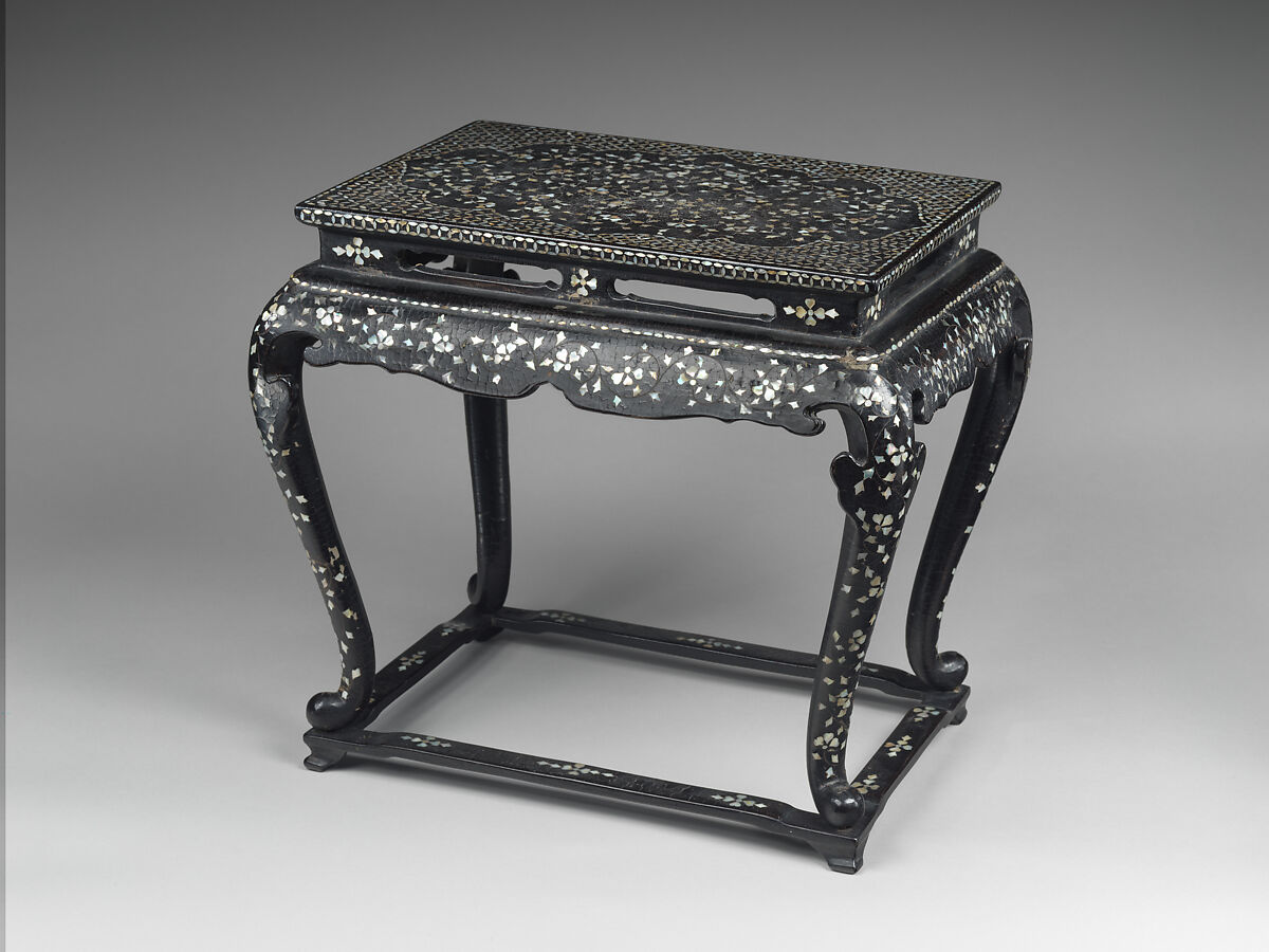 Table decorated with floral scroll, Lacquer inlaid with mother-of-pearl and metal wire, Korea 