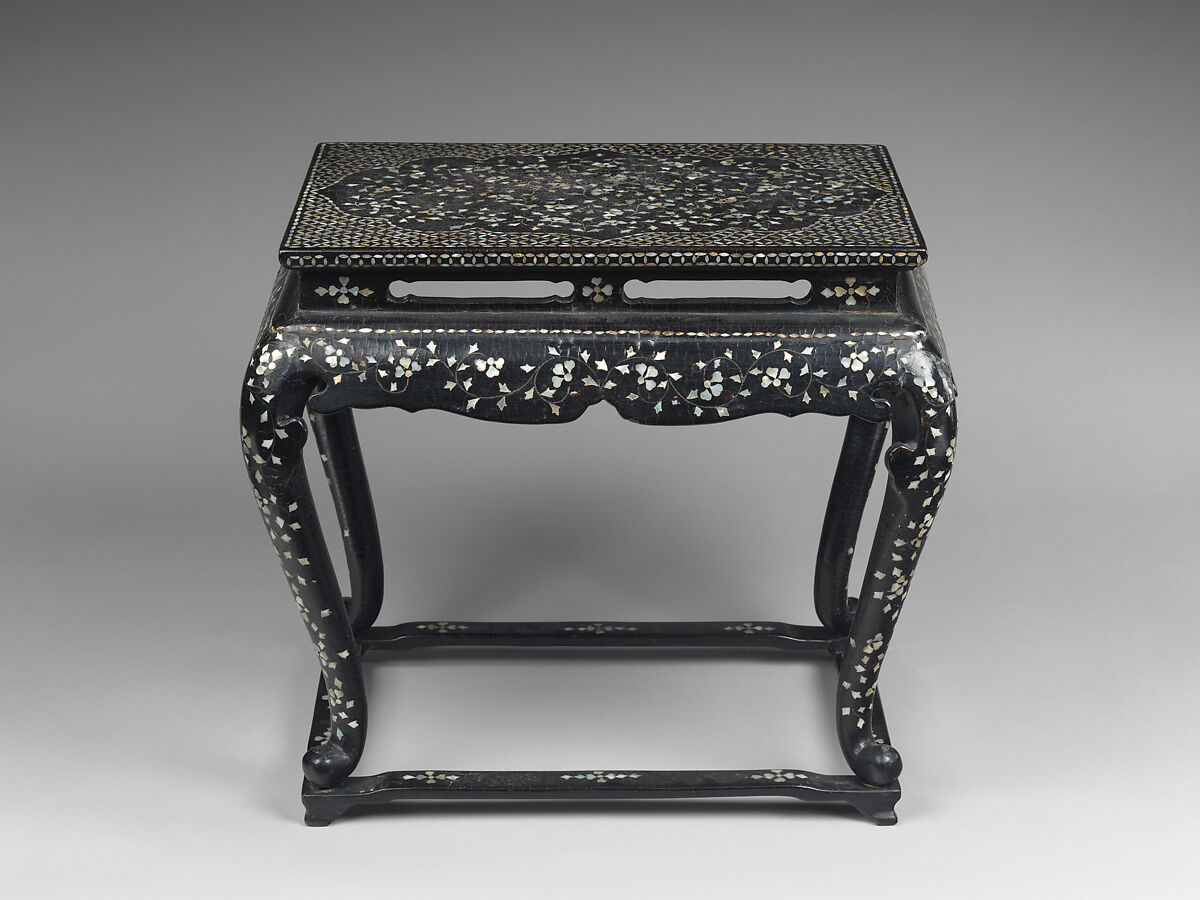 Table decorated with floral scroll, Lacquer inlaid with mother-of-pearl and metal wire, Korea
