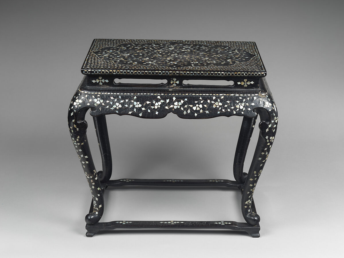 Table decorated with floral scroll, Lacquer inlaid with mother-of-pearl and metal wire, Korea