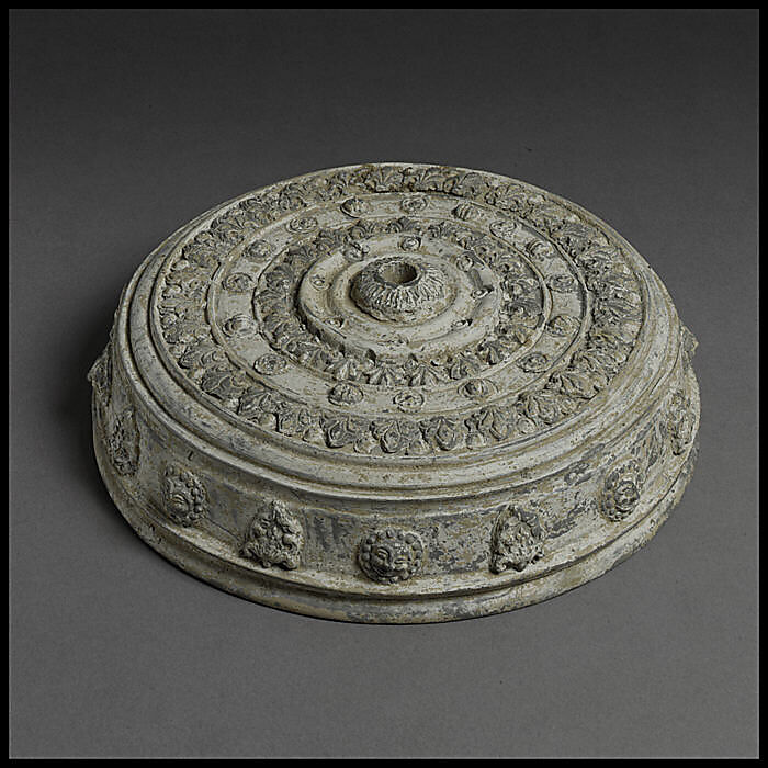 Covered footed vessel, Earthenware with applied-relief decoration under white slip, China