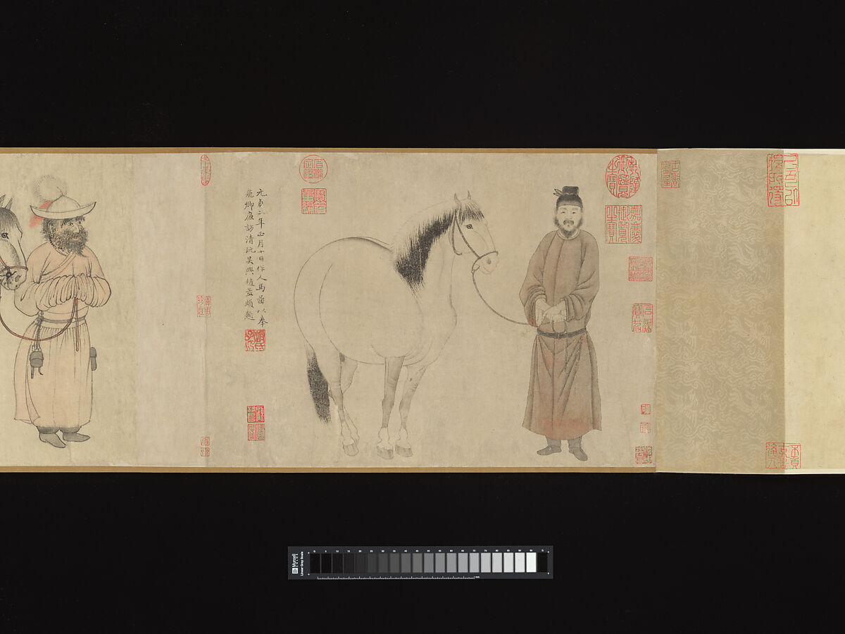 Grooms and horses, Zhao Mengfu (Chinese, 1254–1322), Handscroll; ink and color on paper, China