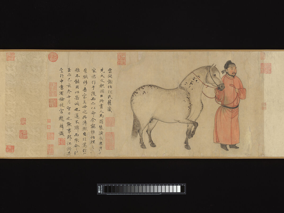 Grooms and horses, Zhao Mengfu (Chinese, 1254–1322), Handscroll; ink and color on paper, China