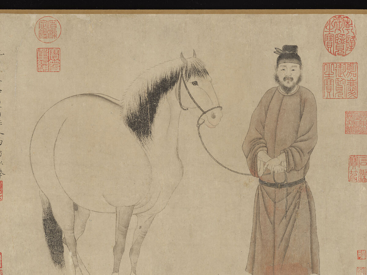 Grooms and horses, Zhao Mengfu (Chinese, 1254–1322), Handscroll; ink and color on paper, China