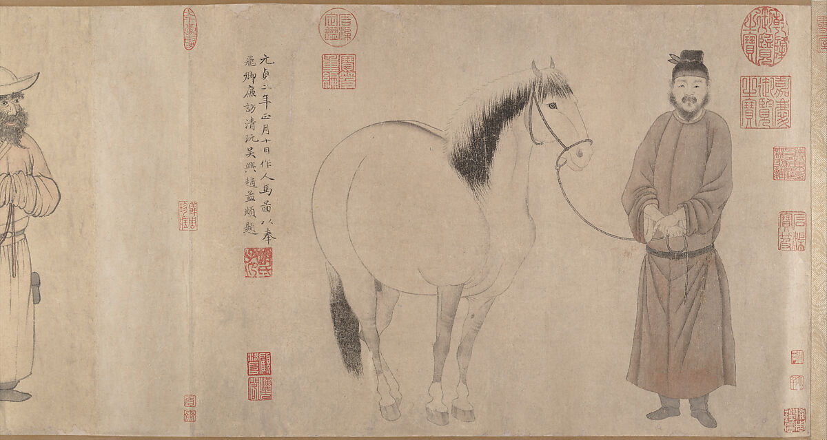 Grooms and horses, Zhao Mengfu (Chinese, 1254–1322), Handscroll; ink and color on paper, China 