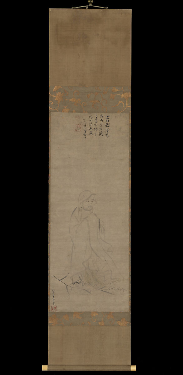 Bodhidharma crossing the Yangzi River on a reed, Li Yaofu (Chinese, active ca. 1300), Hanging scroll; ink on paper, China