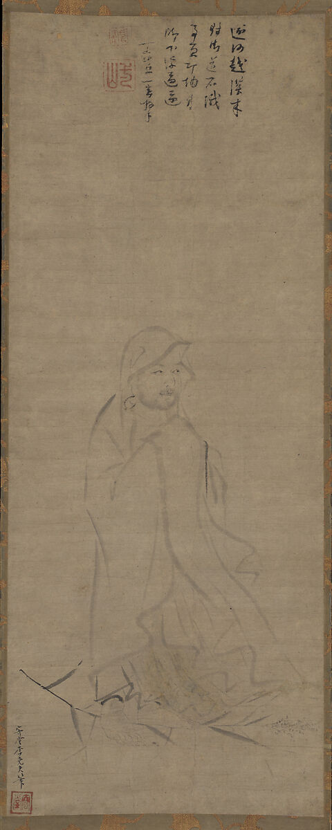 Bodhidharma crossing the Yangzi River on a reed, Li Yaofu (Chinese, active ca. 1300), Hanging scroll; ink on paper, China 