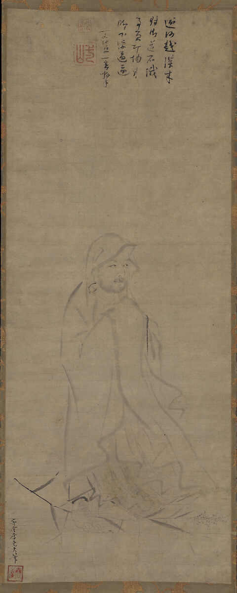 Bodhidharma crossing the Yangzi River on a reed, Li Yaofu  Chinese, Hanging scroll; ink on paper, China