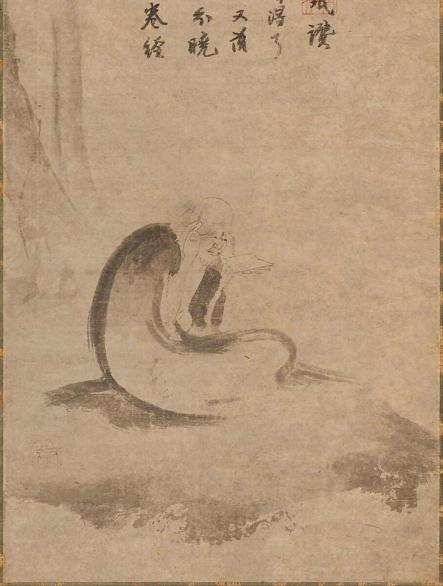 Reading a sutra by moonlight, Unidentified artist  , early 14th century, Hanging scroll; ink on paper, China