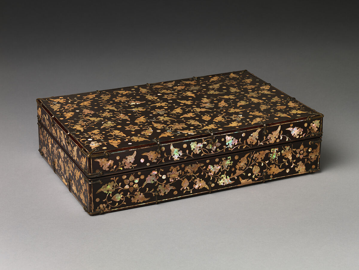 Stationery box decorated with peony scrolls
, Lacquer inlaid with mother-of-pearl; brass fittings, Korea