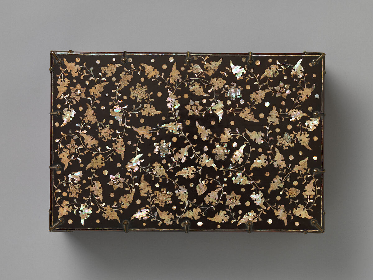 Stationery box decorated with peony scrolls, Lacquer inlaid with mother-of-pearl; brass fittings, Korea