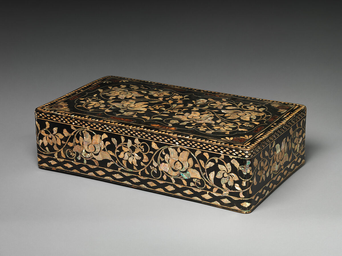 Clothing box decorated with peony scrolls, Lacquer inlaid with mother-of-pearl and tortoiseshell, and brass wire, Korea 