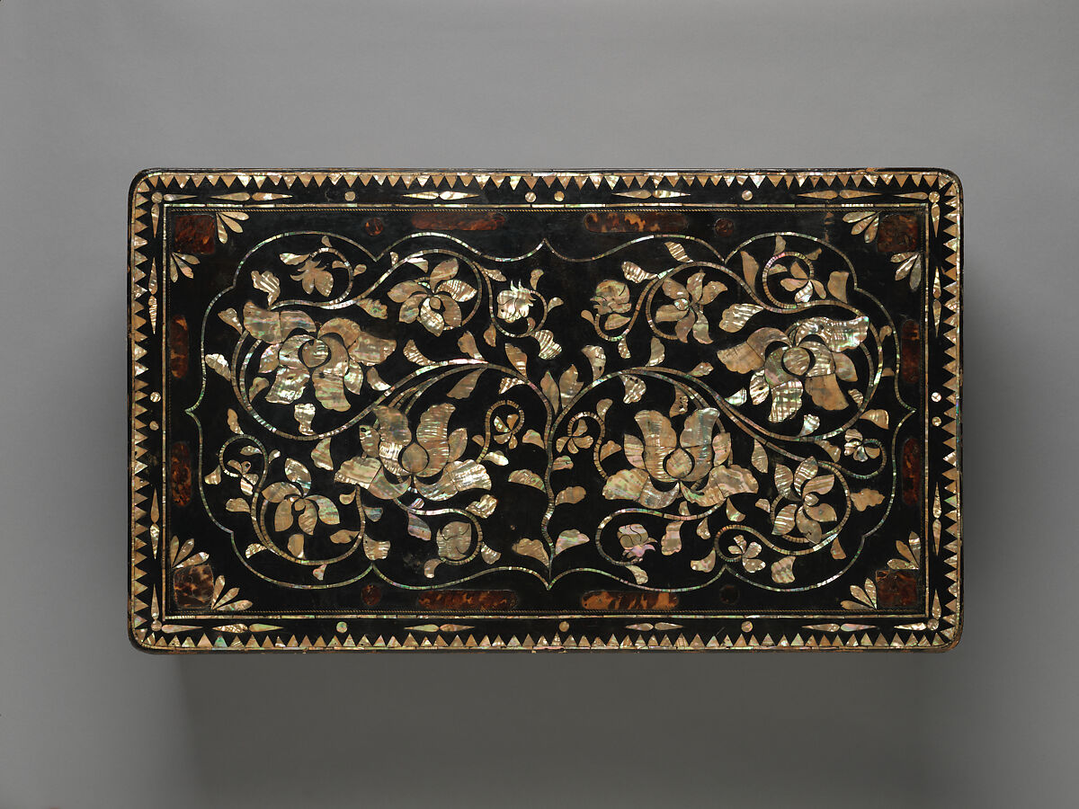 Clothing box decorated with peony scrolls, Lacquer inlaid with mother-of-pearl and tortoiseshell, and brass wire, Korea