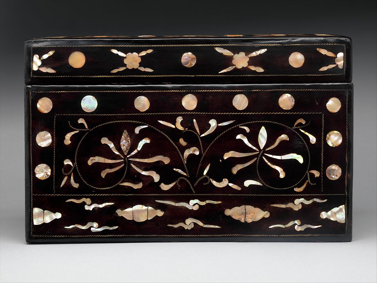 Box decorated with flowers and clouds, Lacquer inlaid with mother-of-pearl, tortoiseshell, and brass wire, Korea