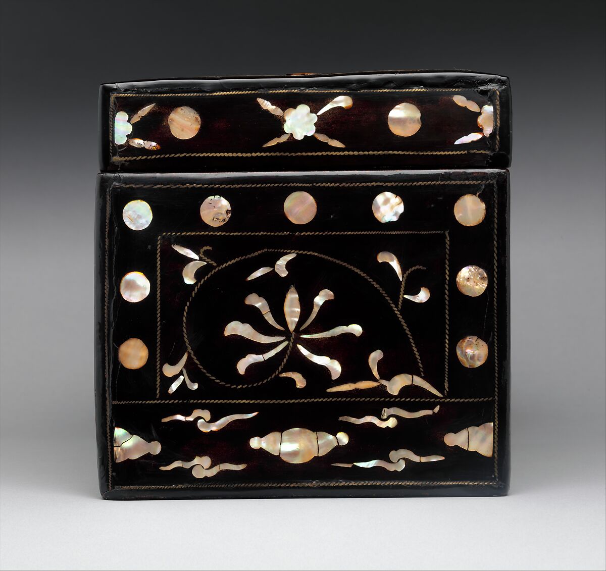 Box decorated with flowers and clouds, Lacquer inlaid with mother-of-pearl, tortoiseshell, and brass wire, Korea