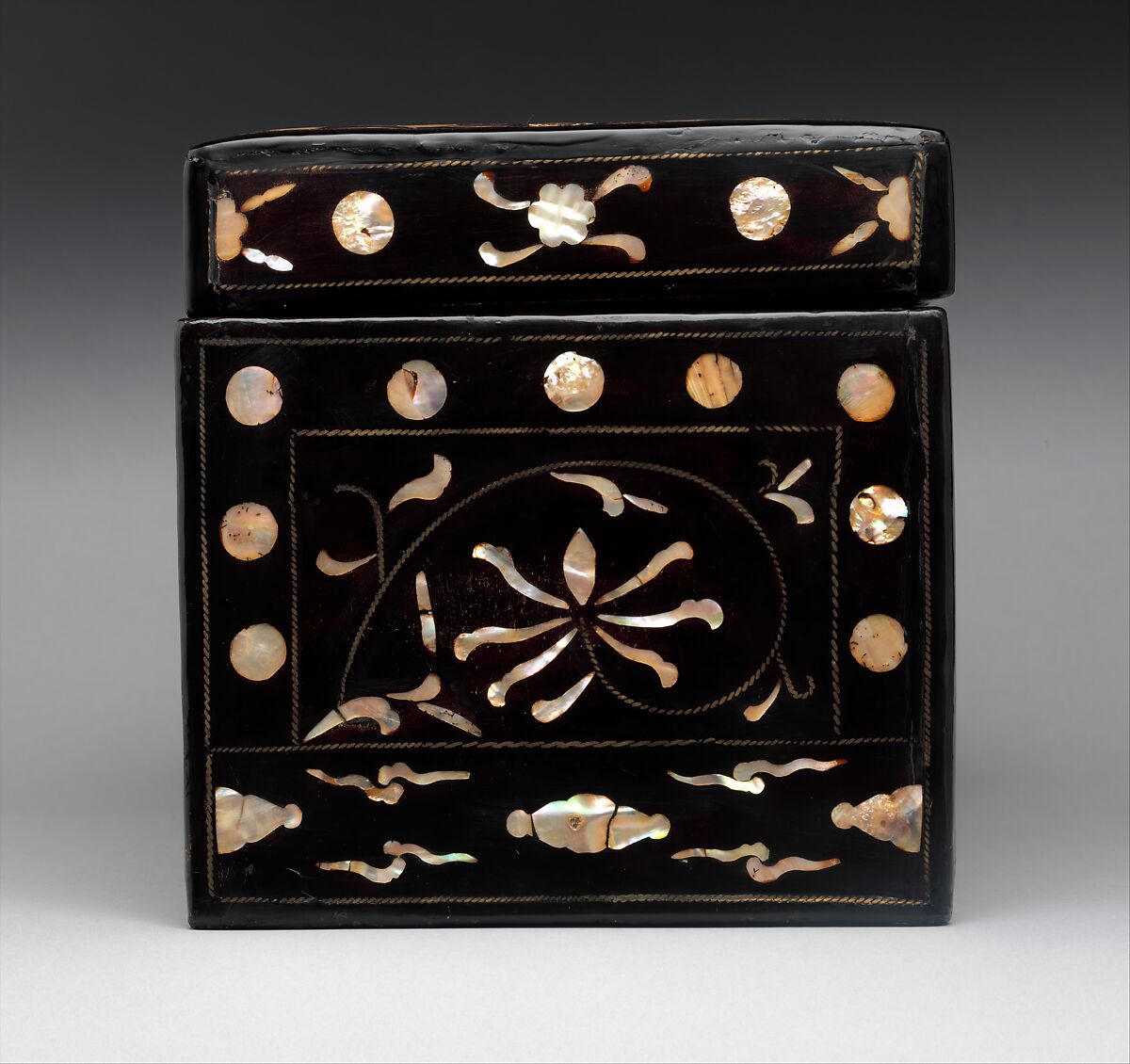 Box decorated with flowers and clouds, Lacquer inlaid with mother-of-pearl, tortoiseshell, and brass wire, Korea