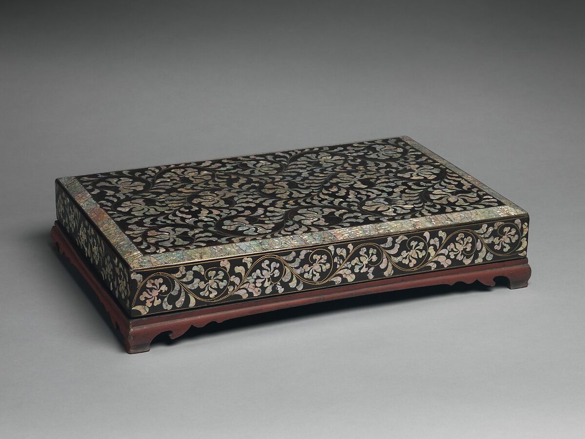 Stationery box decorated with peony scrolls, Lacquer inlaid with mother-of-pearl, Korea 