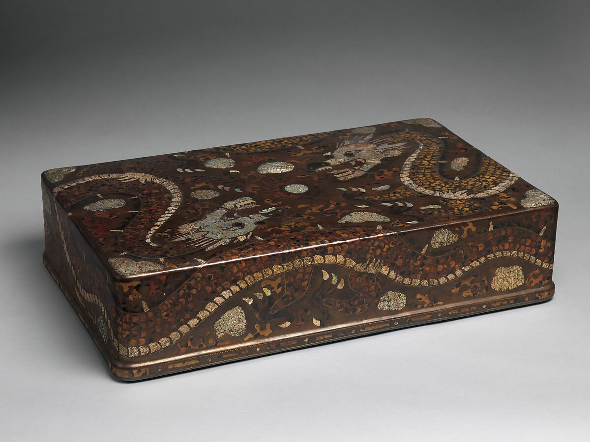 Clothing box decorated with dragons, Lacquer inlaid with mother-of-pearl, tortoiseshell, and ray skin, Korea 