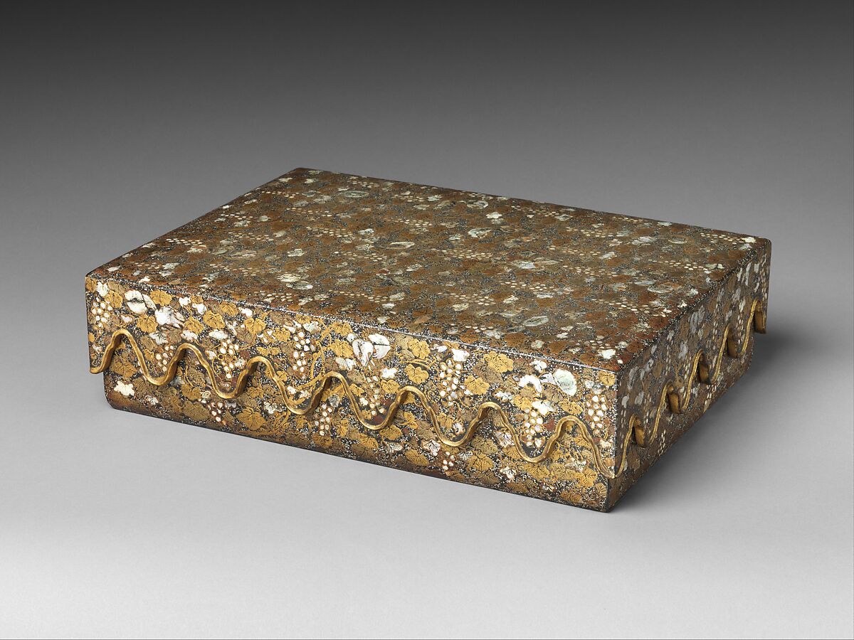 Stationery Box with Decoration of Grapes and Squirrels, Black lacquer inlaid with mother-of-pearl and painted with gold, Japan (Ryūkyū Islands) 