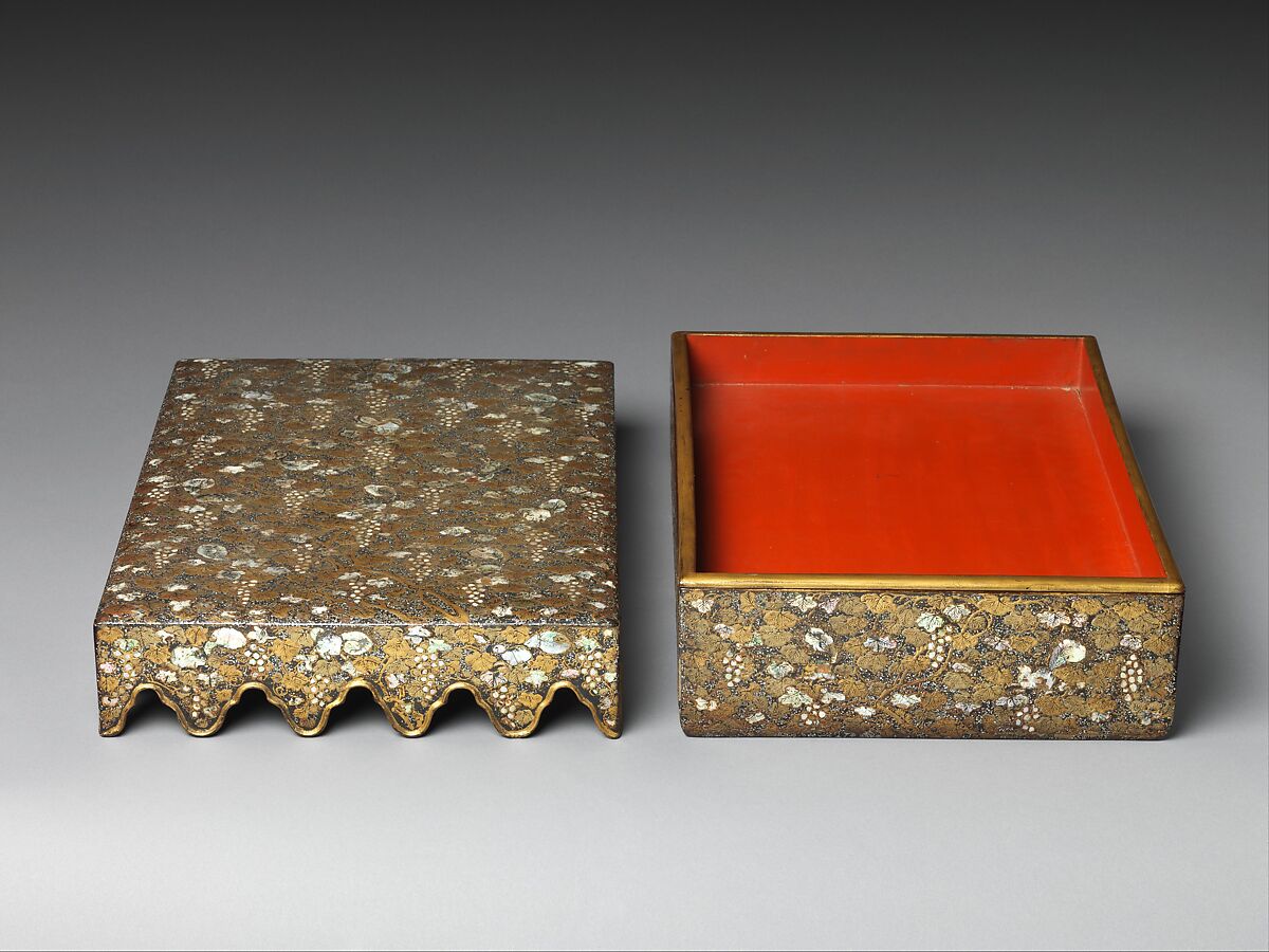 Stationery Box with Decoration of Grapes and Squirrels, Black lacquer inlaid with mother-of-pearl and painted with gold, Japan (Ryūkyū Islands)