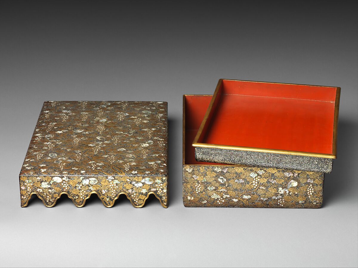 Stationery Box with Decoration of Grapes and Squirrels, Black lacquer inlaid with mother-of-pearl and painted with gold, Japan (Ryūkyū Islands)