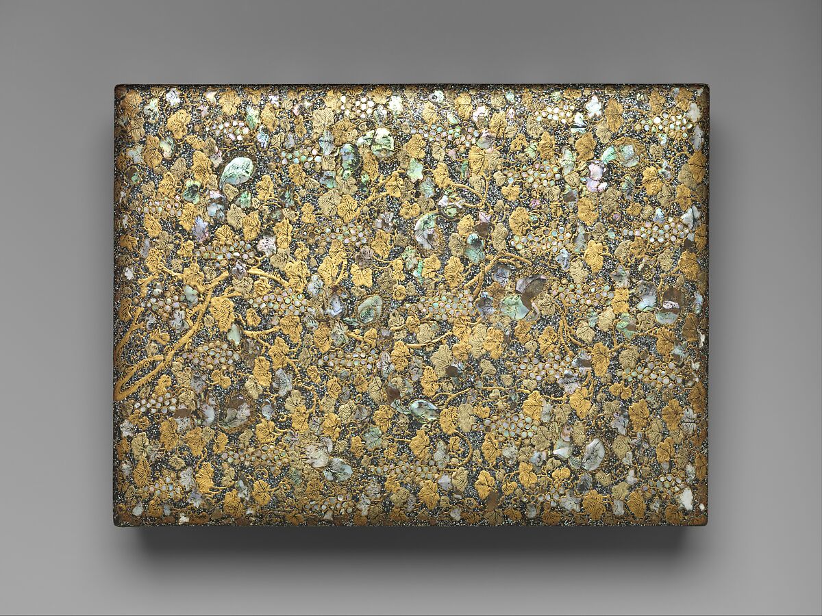 Stationery Box with Decoration of Grapes and Squirrels, Black lacquer inlaid with mother-of-pearl and painted with gold, Japan (Ryūkyū Islands)