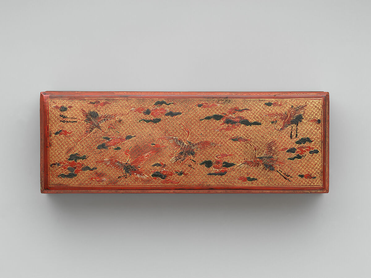 Rectangular writing box with decoration of clouds and cranes, Red lacquer with engraved gold and litharge painting, Japan (Ryūkyū Islands)