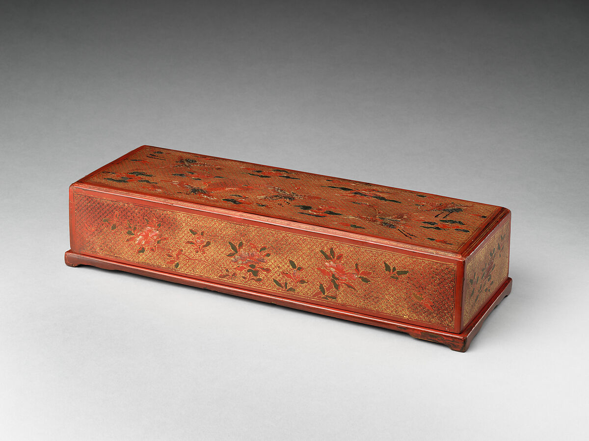 Rectangular writing box with decoration of clouds and cranes, Red lacquer with engraved gold and litharge painting, Japan (Ryūkyū Islands) 