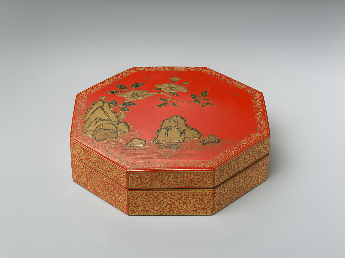 Octagonal incense box, Red lacquer with raised-gold and litharge painting and engraved-gold decoration, Japan (Ryūkyū Islands) 