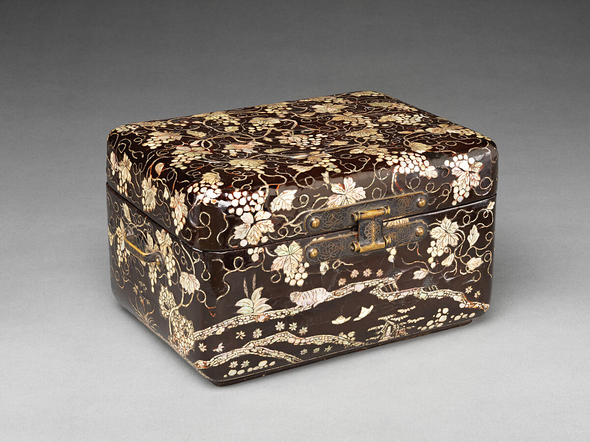 Box with decoration of grapevine and a garden scene, Black lacquer with mother-of-pearl inlay, Japan (Ryūkyū Islands) 