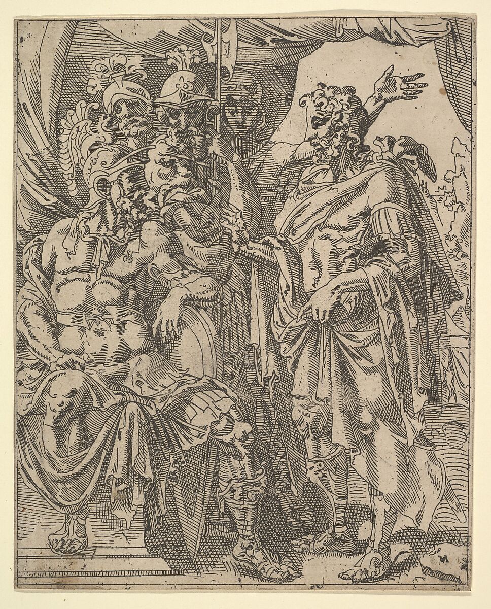 Achior Pleading with Holofernes for the Israelites, from The Story of Judith and Holofernes, Maarten van Heemskerck (Netherlandish, Heemskerck 1498–1574 Haarlem), Etching 