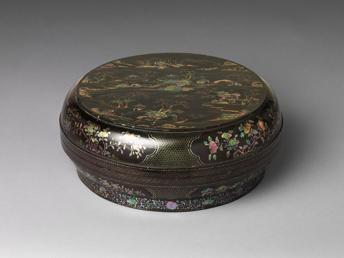 Round Box with Chinese-Style Landscape, Black lacquer inlaid with mother-of-pearl; wire, Japan (Ryūkyū Islands)