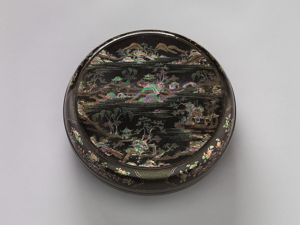 Round Box with Chinese-Style Landscape, Black lacquer inlaid with mother-of-pearl; wire, Japan (Ryūkyū Islands) 