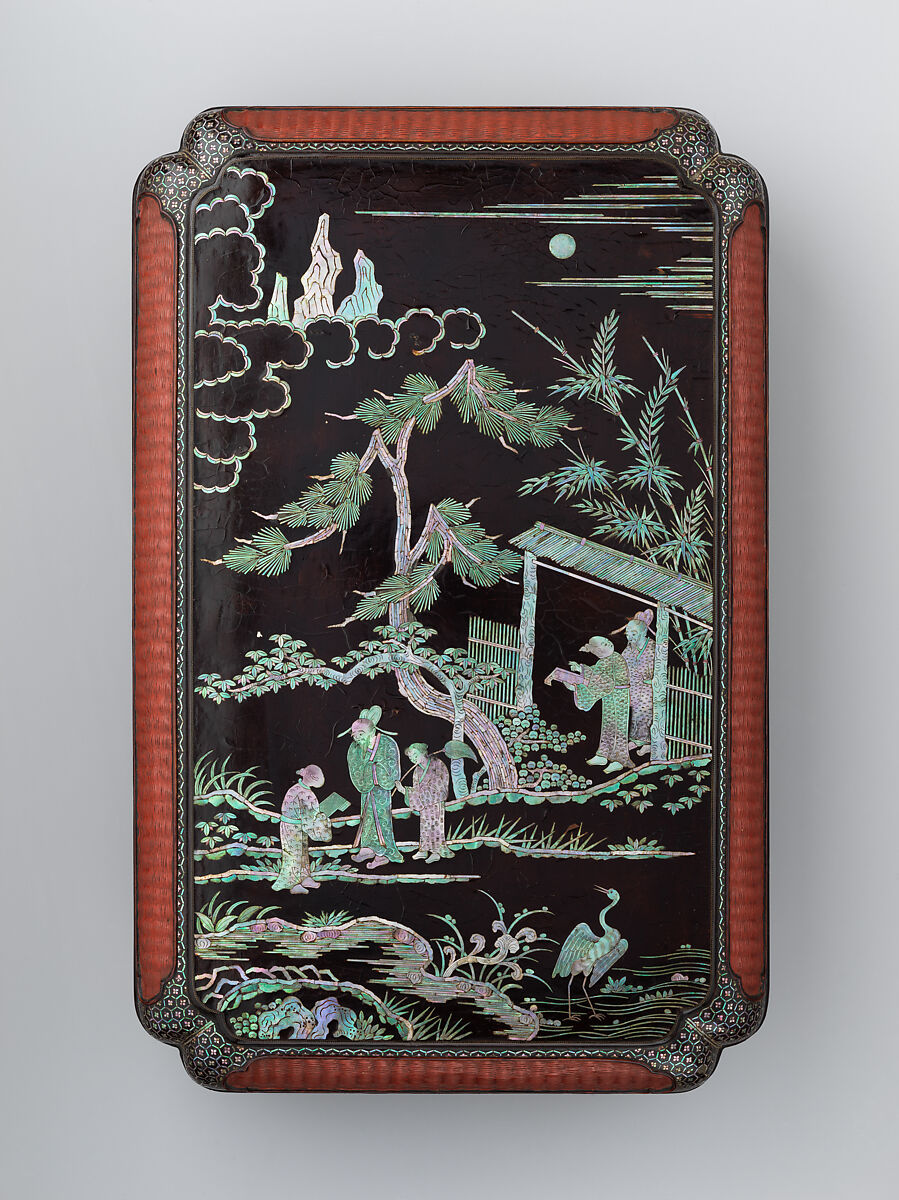 Presentation box with figures in a landscape, Black lacquer with mother-of-pearl inlay and red-lacquered basketry panels, Japan (Ryūkyū Islands)