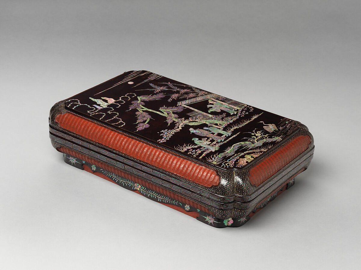 Presentation box with figures in a landscape, Black lacquer with mother-of-pearl inlay and red-lacquered basketry panels, Japan (Ryūkyū Islands) 