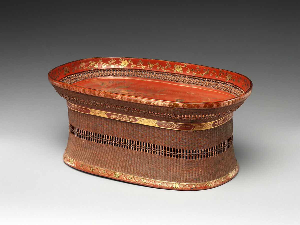 Footed Tray with Figures in a Landscape, Basketry and red lacquer with gold and litharge painting, Japan (Ryūkyū Islands) 