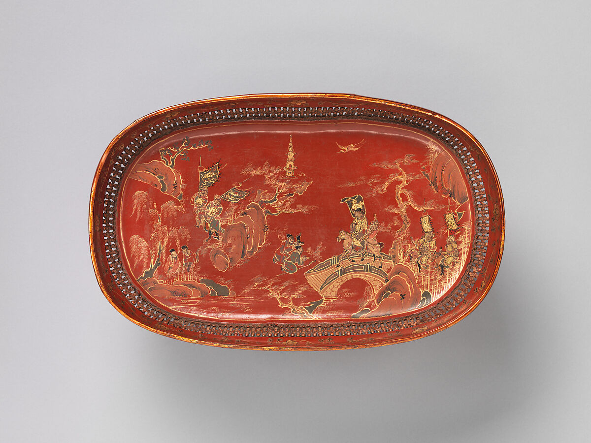 Footed Tray with Figures in a Landscape, Basketry and red lacquer with gold and litharge painting, Japan (Ryūkyū Islands)