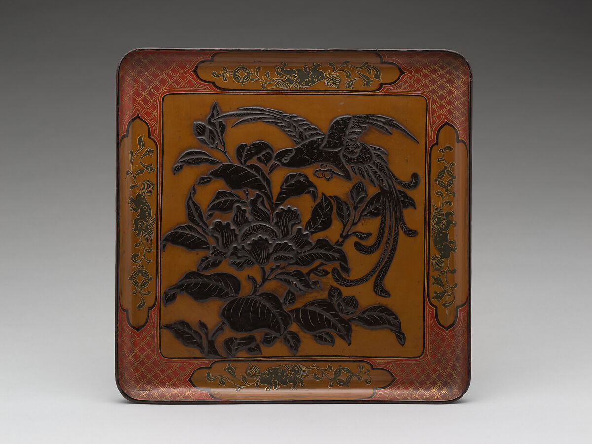 Square tray with flower-and-bird decoration, Raised and polychrome lacquer, Japan (Ryūkyū Islands) 