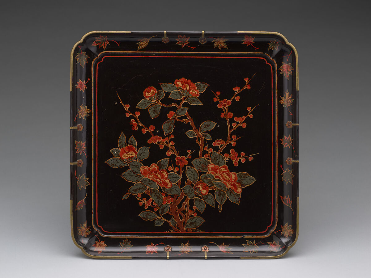 Square tray with floral decoration, Polychrome lacquer painting; brass fittings, Japan (Ryūkyū Islands) 