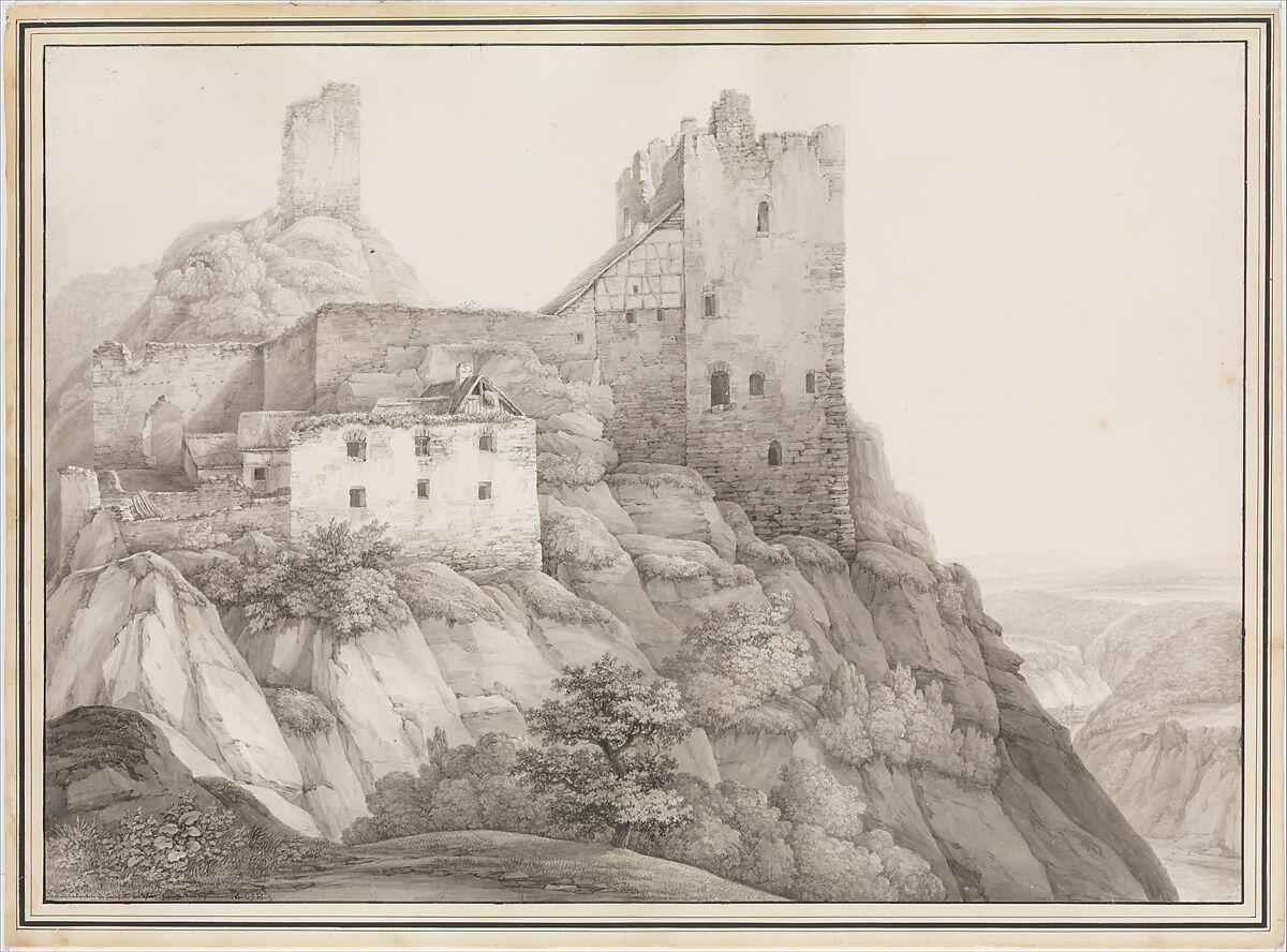 The Ruin of Liebenstein Castle near Bornhofen am Rhein, Seen from the North-West, Christian Georg Schütz the Younger (German, Flörsheim 1758–1823 Frankfurt am Main), Pen and black ink, brush and gray ink; framing line in pen and black ink. Laid down 