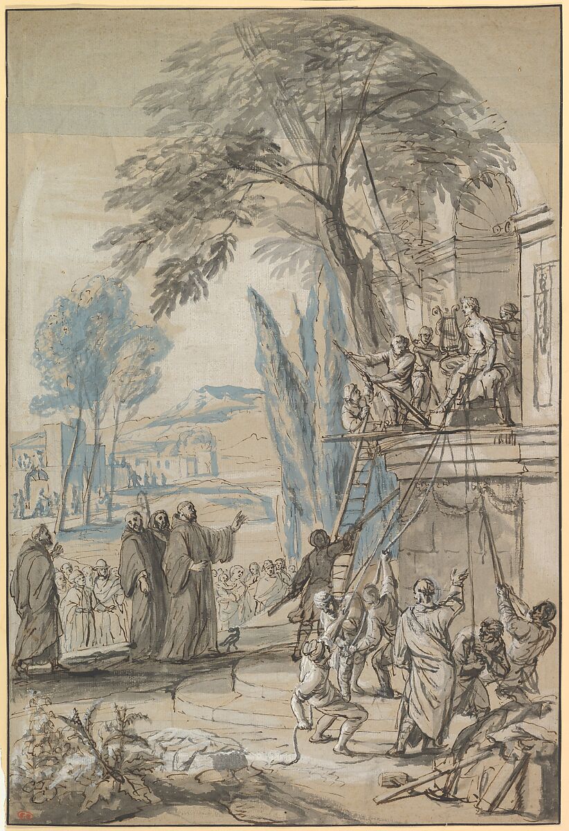 Benedict of Nursia Orders the Destruction of the Temple of Apollo at Monte Cassino, Jan Erasmus Quellinus (Flemish, Antwerp 1634–1715 Mechelen), Pen and brown and black ink, brush and gray ink, black chalk, white gouache, watercolour (blue) 