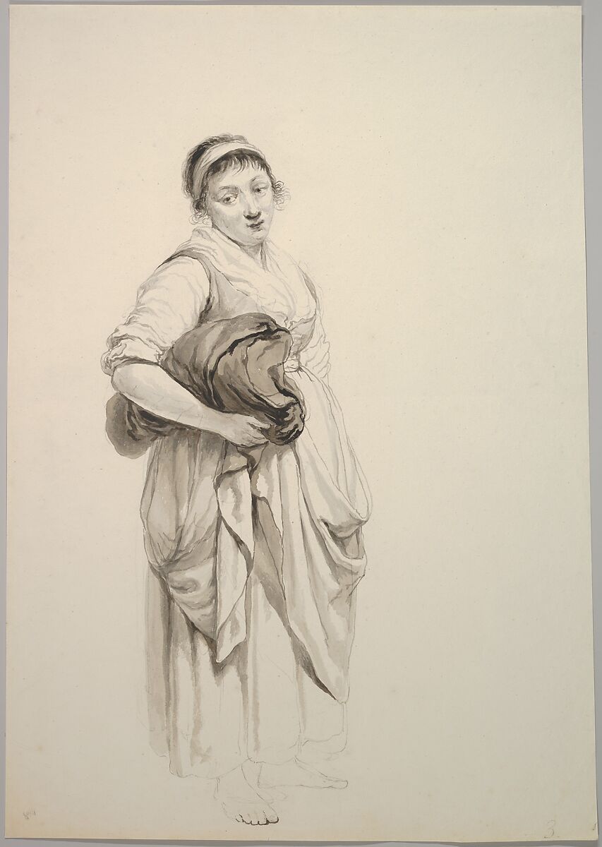 A Standing Young Washerwoman, Jacob van Strij (Dutch, Dordrecht 1756–1815 Dordrecht), Brush and brown ink, over black chalk or graphite 