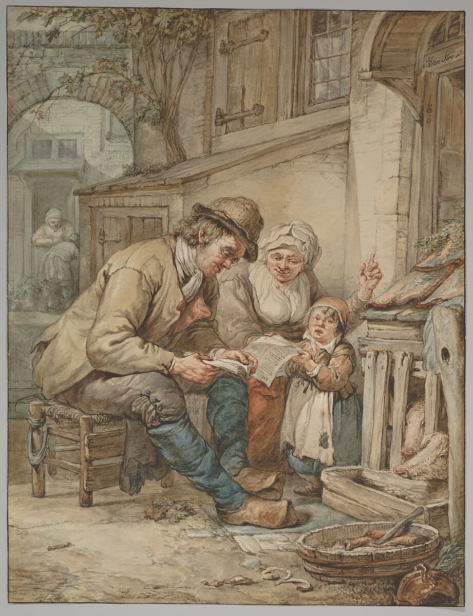 Parents Teaching Their Daughter a Song, Abraham van Strij (Dutch, Dordrecht 1753–1826 Dordrecht), Watercolor, pen and brown and black ink; framing lines in pen and black ink 