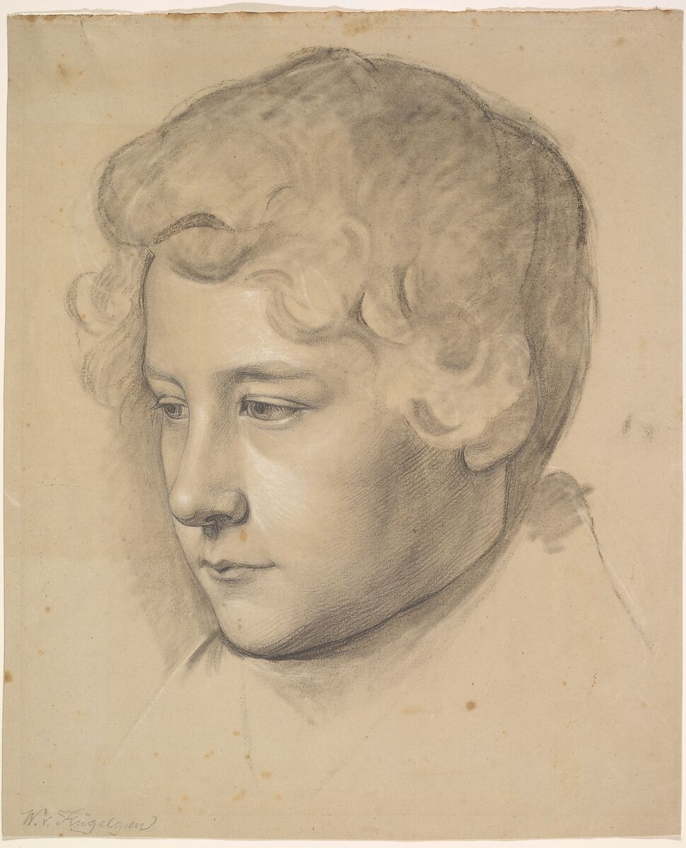 Portrait of a Young Man, Wilhelm von Kügelgen (German, St. Petersburg 1802–1867 Ballenstedt), Black chalk, heightened with white chalk, on brown-gray paper 